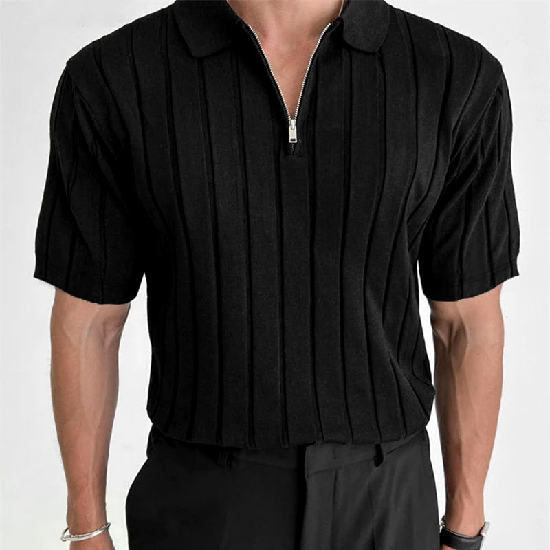 Textured Stripe Zipper Polo
