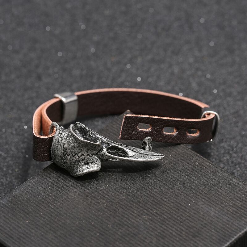 Retro Viking Bird Skull Leather Bracelet