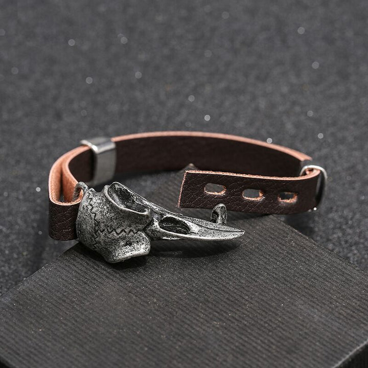 Retro Viking Bird Skull Leather Bracelet