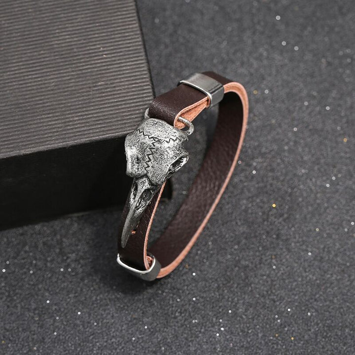 Retro Viking Bird Skull Leather Bracelet